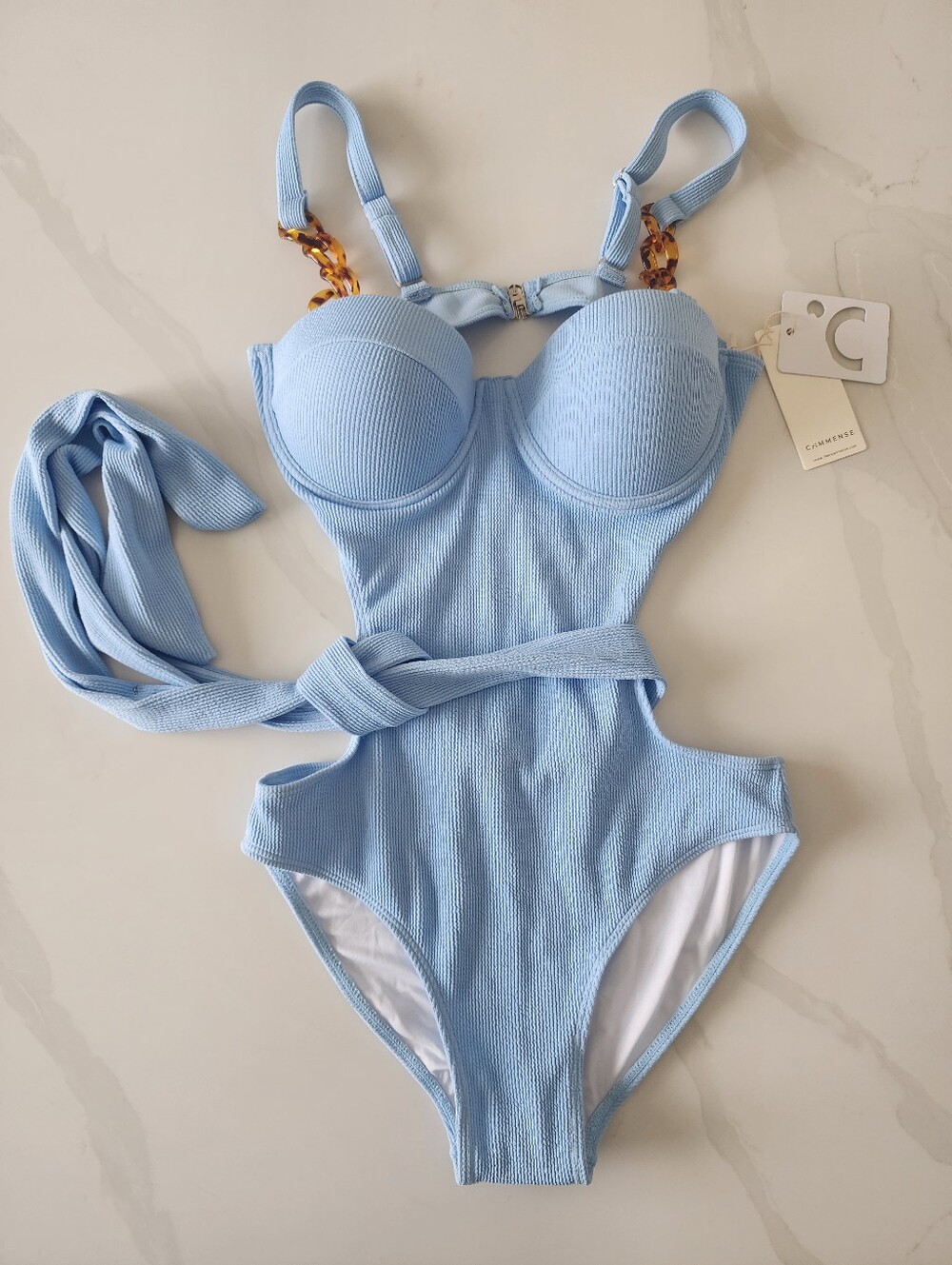 Commense Light Blue Ribbed Cutout One-Piece Swim Tortoise Shell Straps Size Med - Picture 3 of 12